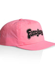 A pink nylon surf cap with a black and white 'Fancyboy' logo on the front, displayed on a clean white background with a soft reflection.