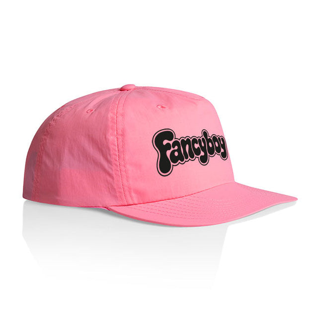 A pink nylon surf cap with a black and white 'Fancyboy' logo on the front, displayed on a clean white background with a soft reflection.