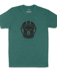 Green t-shirt with black bear graphic wearing a helmet on a white background